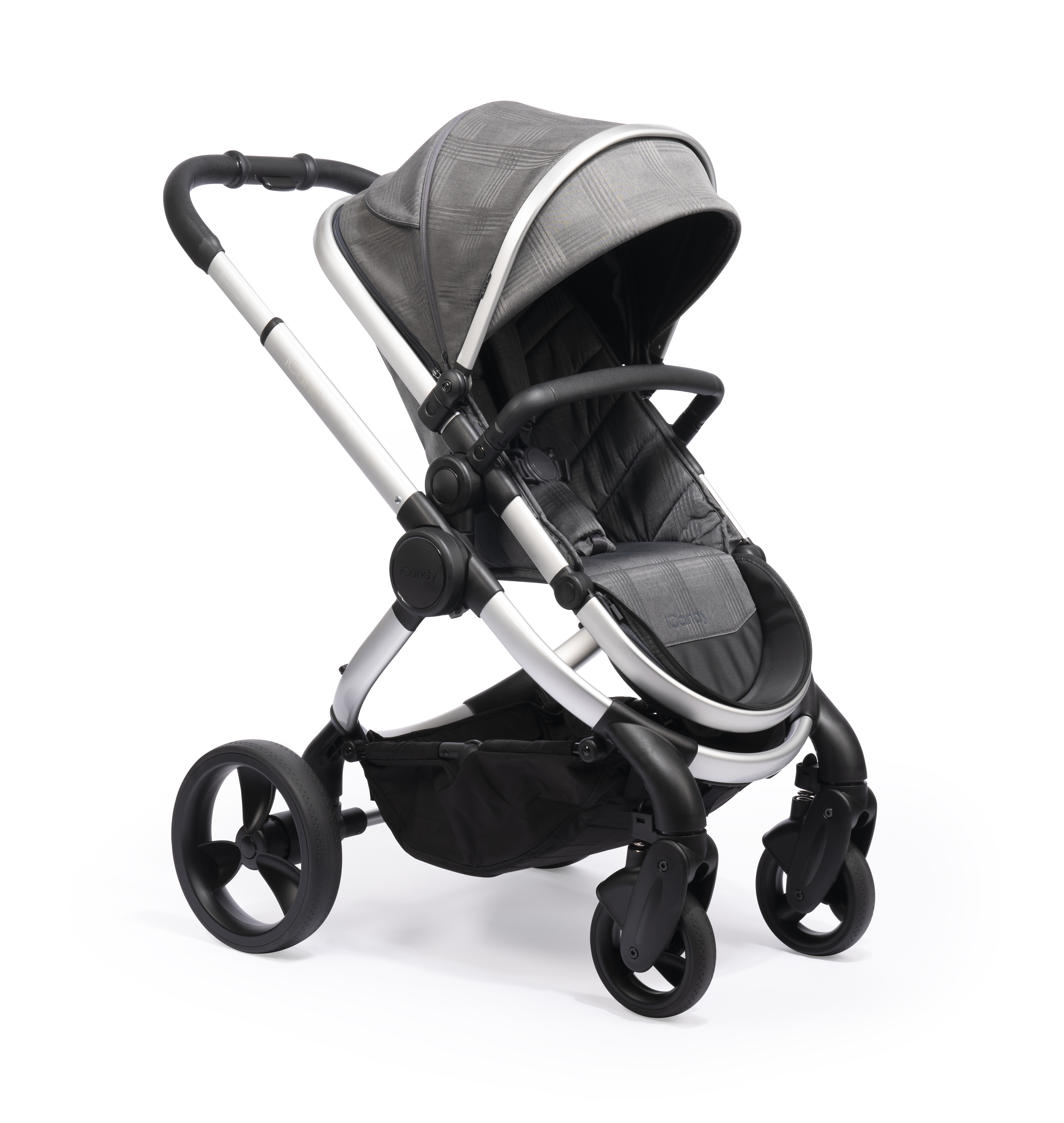 iCandy Peach Pushchair and Carrycot – Satin Dark Grey Check – Babyland