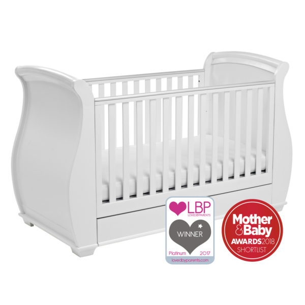 Babymore Bel Sleigh Cot Bed Drop Side with Drawer - White