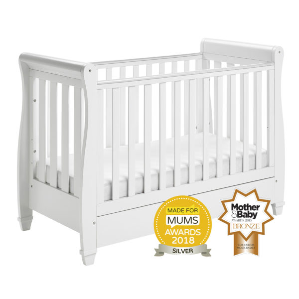 Babymore Eva Sleigh Cot Bed Drop Side with Drawer - White