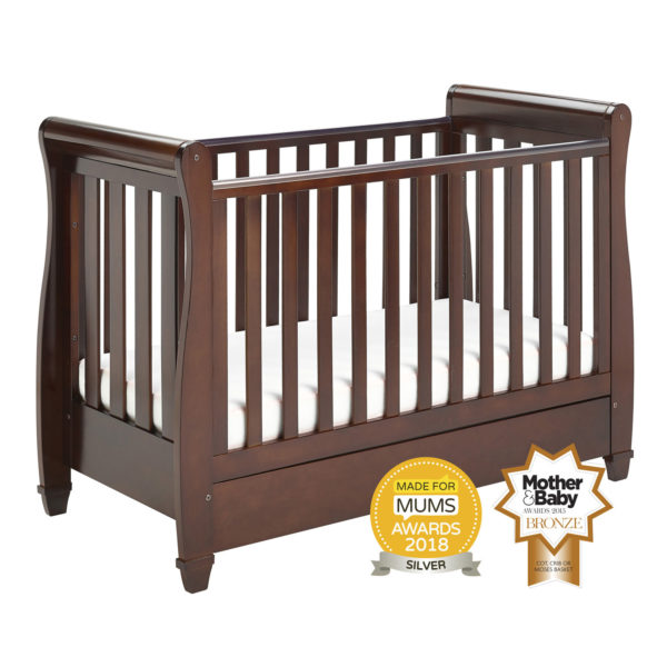 Babymore Eva Sleigh Cot Bed Drop Side with Drawer - Brown
