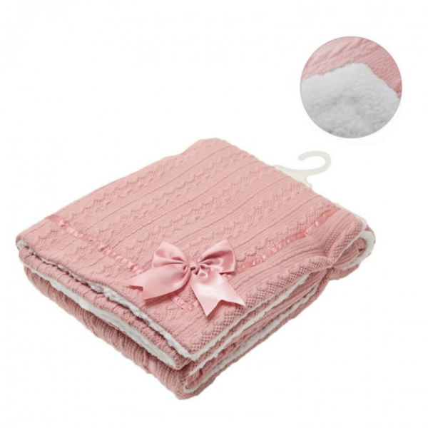 Soft Touch Rose Gold Cheveron Cable Knit With Satin Trim & Bow Wrap