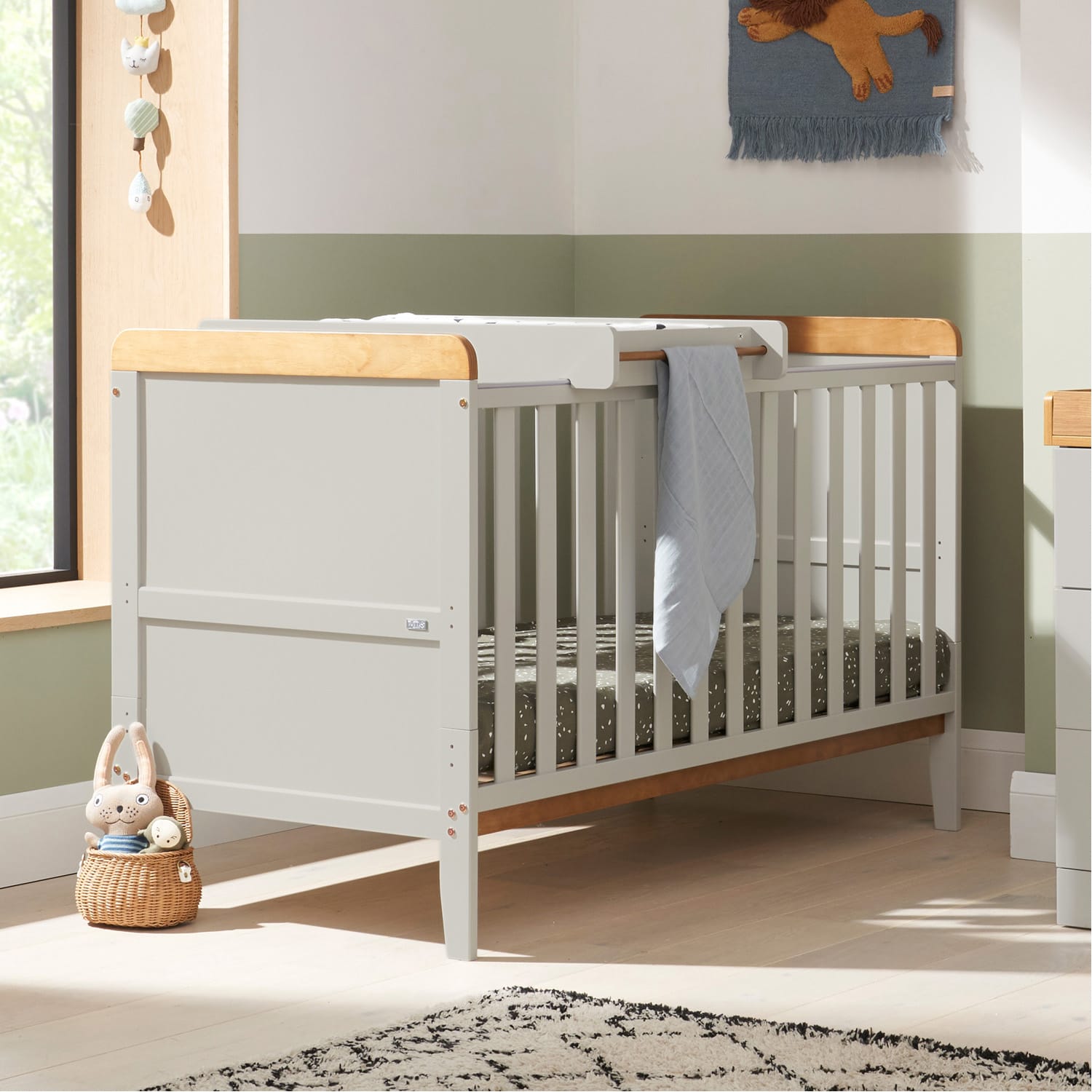 Tutti Bambini Rio Cot Bed with Cot Top Changer & Mattress - Dove Grey/Honey Oak