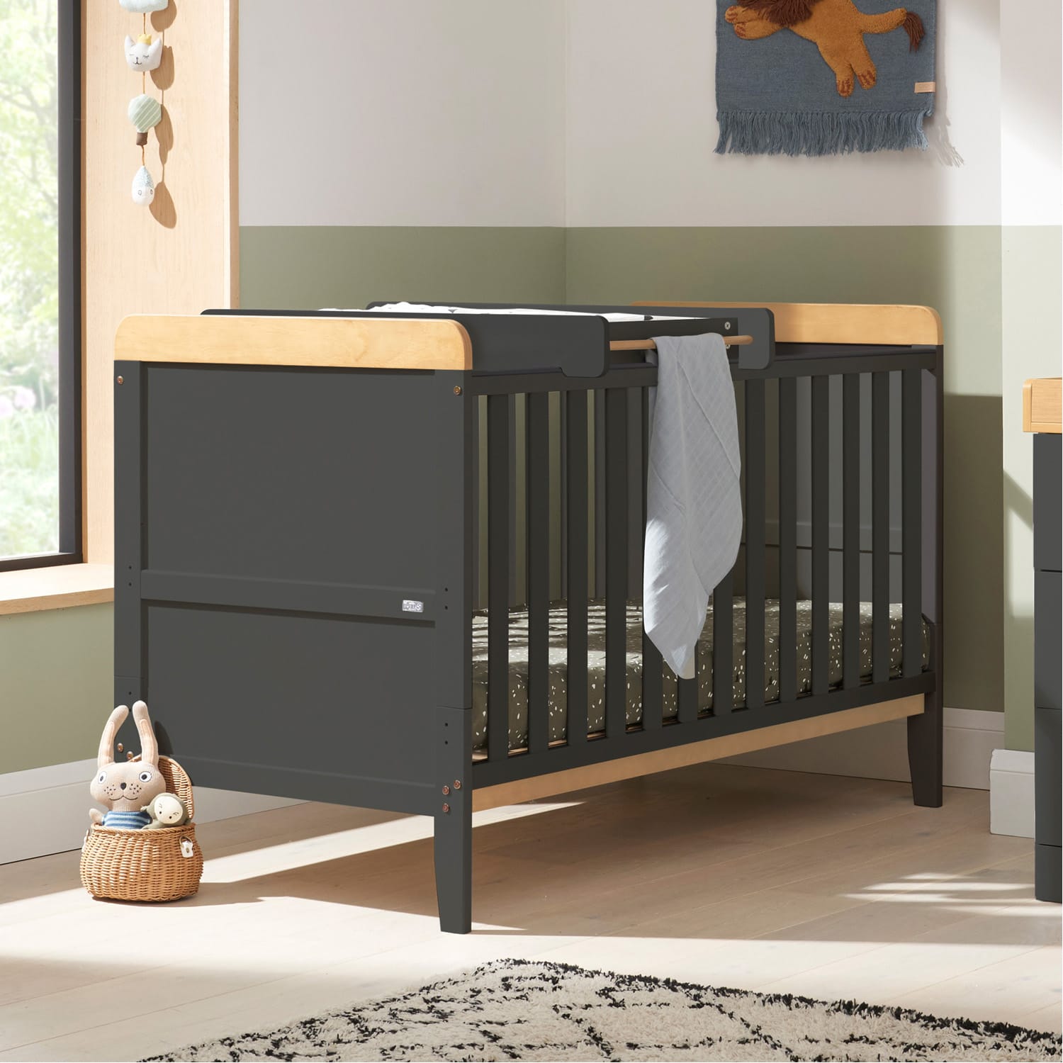 Tutti Bambini Rio Cot Bed with Cot Top Changer & Mattress - Slate Grey/Honey Oak