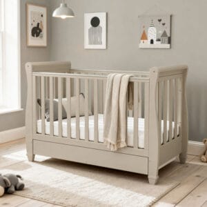 Babymore Eva Sleigh Cot Bed Drop Side with Drawer - Cashmere
