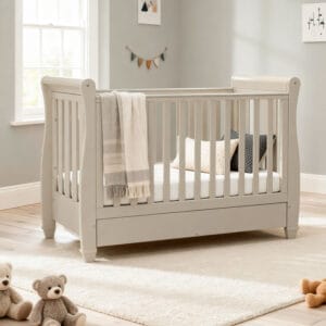 Babymore Eva Sleigh Cot Bed Drop Side with Drawer Cashmere (2)