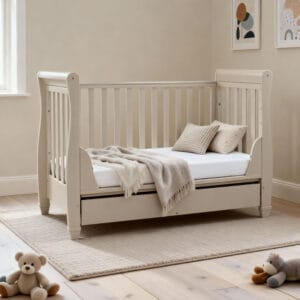Babymore Eva Sleigh Cot Bed Drop Side with Drawer Cashmere (3)