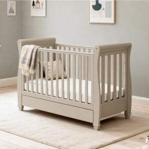 Babymore Eva Sleigh Cot Bed Drop Side with Drawer Cashmere