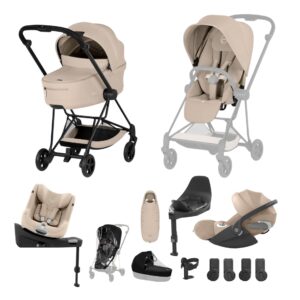 CYBEX MIOS Fold Cot Newborn to Toddler Travel System Bundle Matt Black Cozy Beige