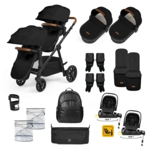 Ickle Bubba Virgo Twin 18 Piece Travel System with i-Size Nimbus Car Seats & Spin ISOFIX Bases - Black