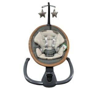 Miniuno Soothie baby bouncer in oak finish with rocking function, music features and remote control, designed for soothing and comfort.