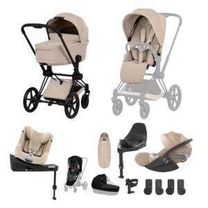 CYBEX PRIAM Fold Cot Newborn to Toddler Travel System Bundle Matt Black Cozy Beige