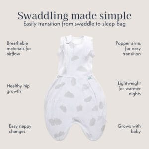 Purflo 0.5 Tog Swaddle to Sleep Bag – Cotton Clouds (1)