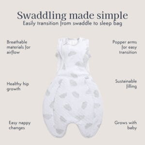 Purflo 2.5 Tog Swaddle to Sleep Bag – Cotton Clouds