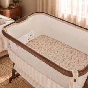 Tutti Bambini Origin CoZee OG Bedside Crib Rich Walnut & Cashmere Vintage Stripe (1)