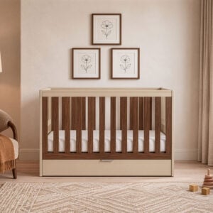 Tutti Bambini Origin Riley Compact Cot Bed with Drawer Cashmere and Rich Walnut